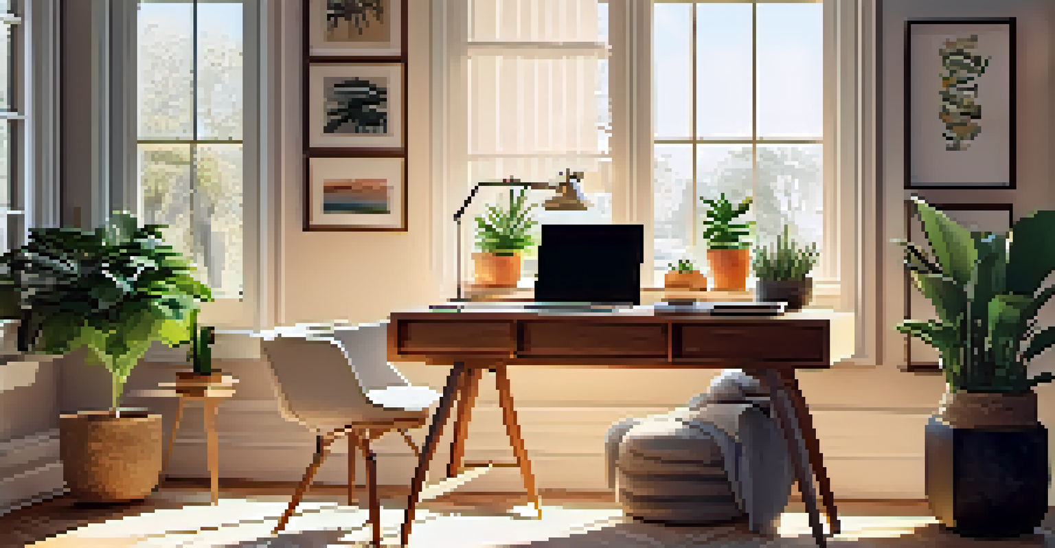 A cozy home office setup with a desk, laptop, plants, and coffee, bathed in soft natural light.