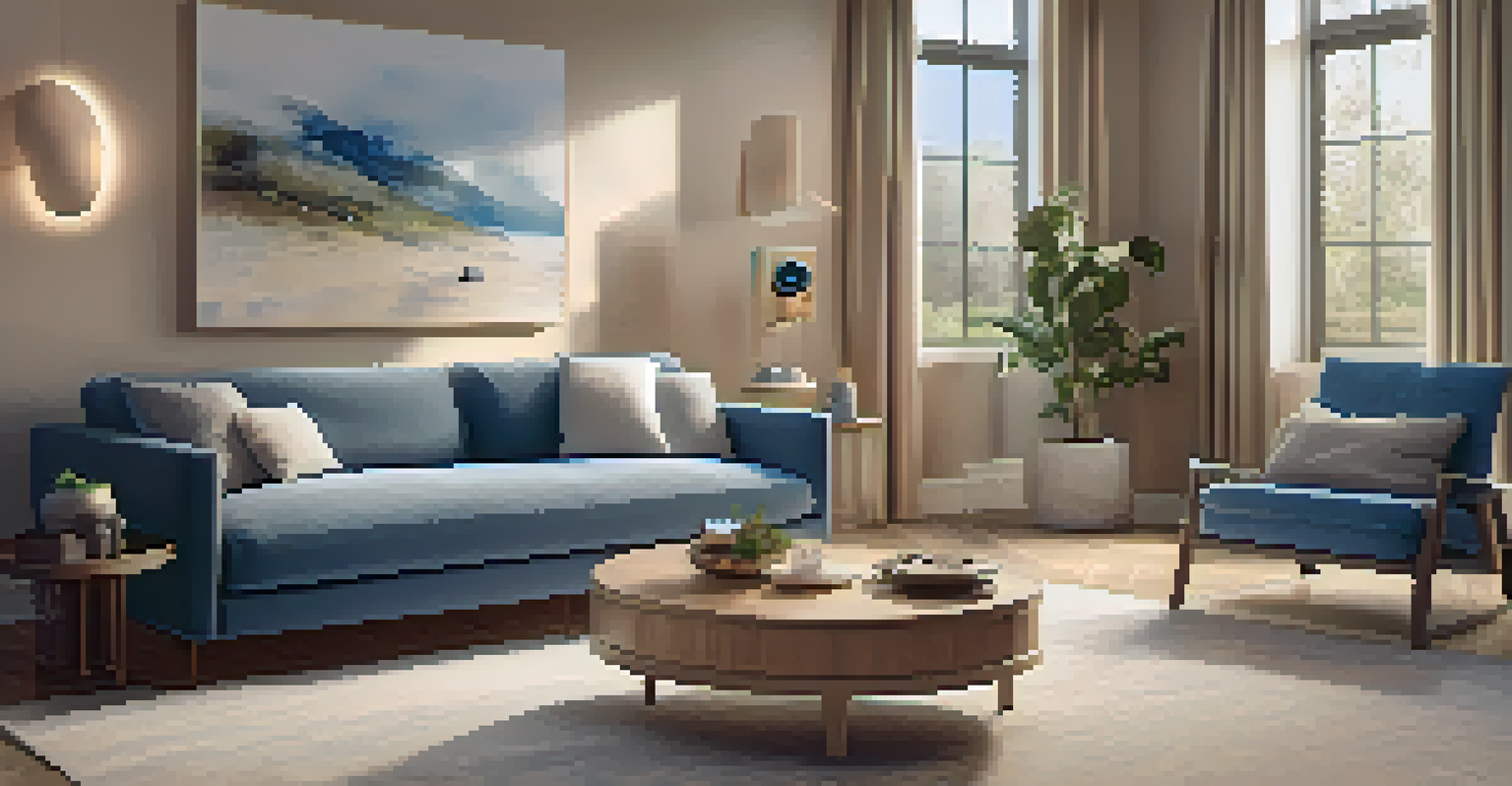 A cozy living room featuring smart home devices, with a warm ambiance and contemporary design elements.