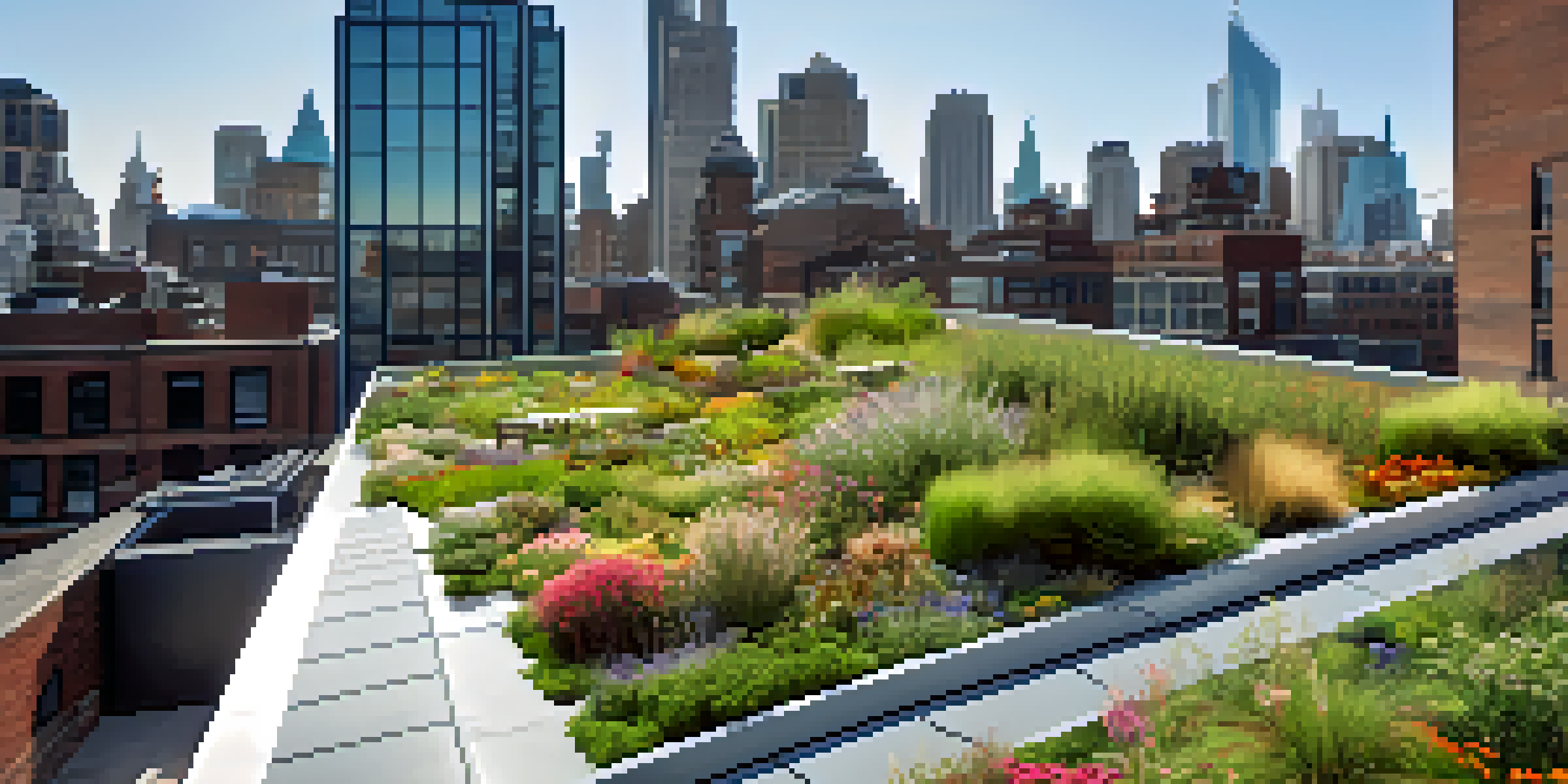 A modern urban building featuring a lush green roof filled with various plants and flowers, under a clear blue sky with a city skyline in the background.