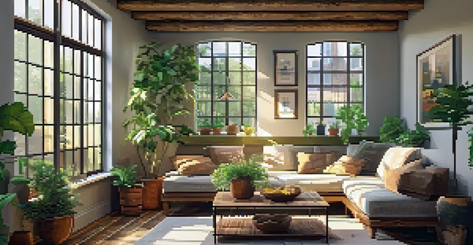 A cozy living room with reclaimed wood beams, a rustic coffee table, and a vintage sofa, illuminated by sunlight from large windows.