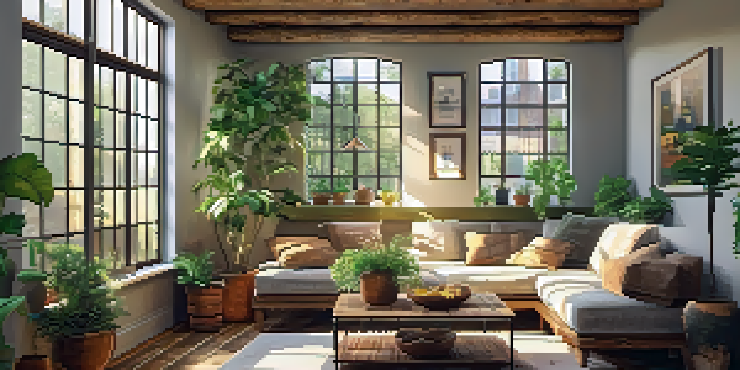 A cozy living room with reclaimed wood beams, a rustic coffee table, and a vintage sofa, illuminated by sunlight from large windows.