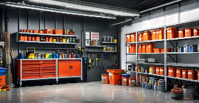 A clean and organized garage with labeled containers for flammable materials, ensuring fire safety.