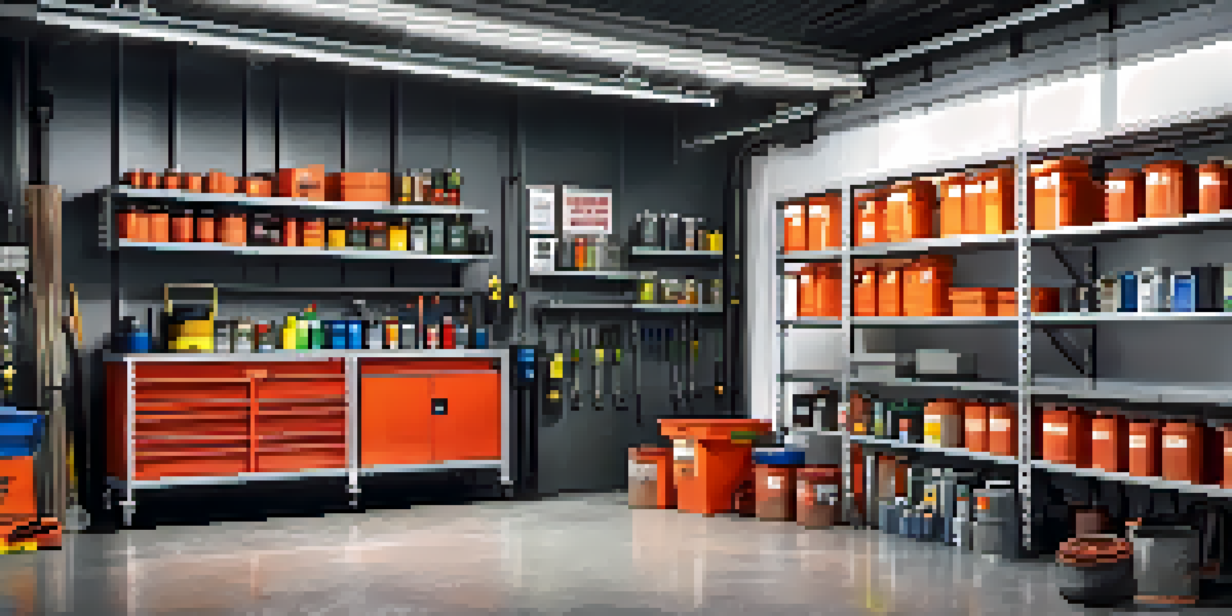 A clean and organized garage with labeled containers for flammable materials, ensuring fire safety.