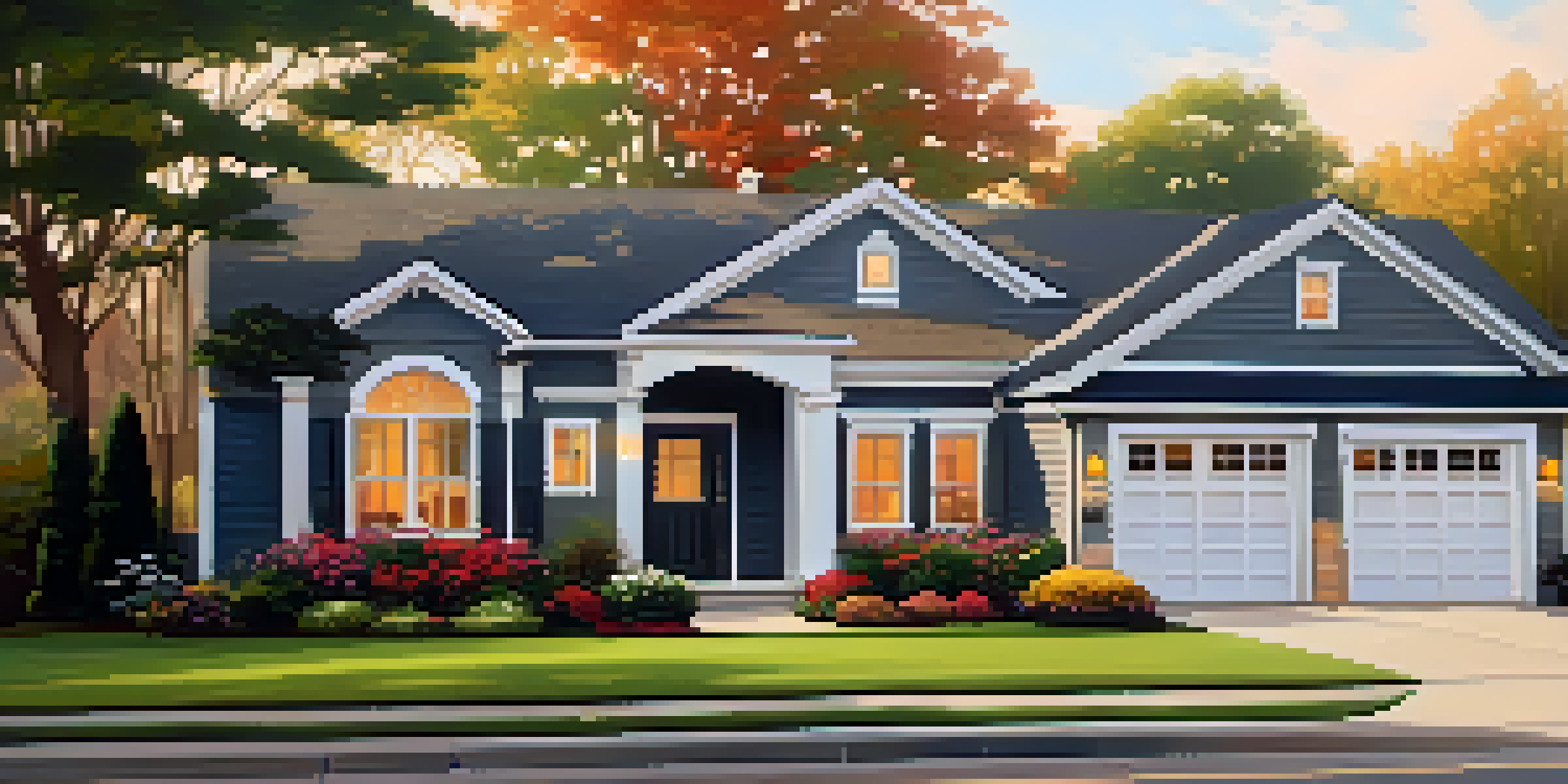 A suburban home with a bright front door, lush landscaping, and potted plants, illuminated by warm evening light.