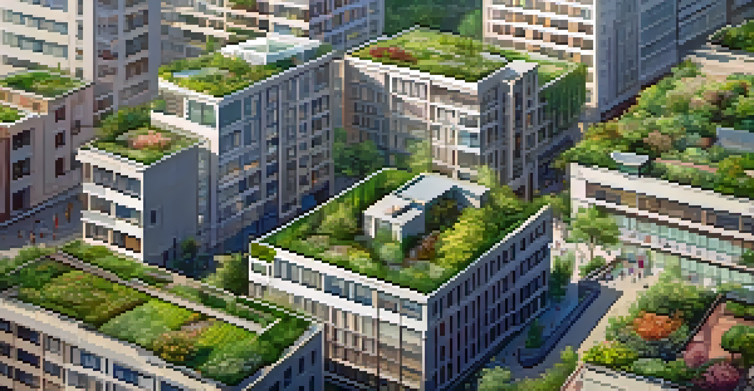 Aerial view of multiple buildings with green roofs, featuring lush vegetation and pathways, illuminated by warm afternoon light.