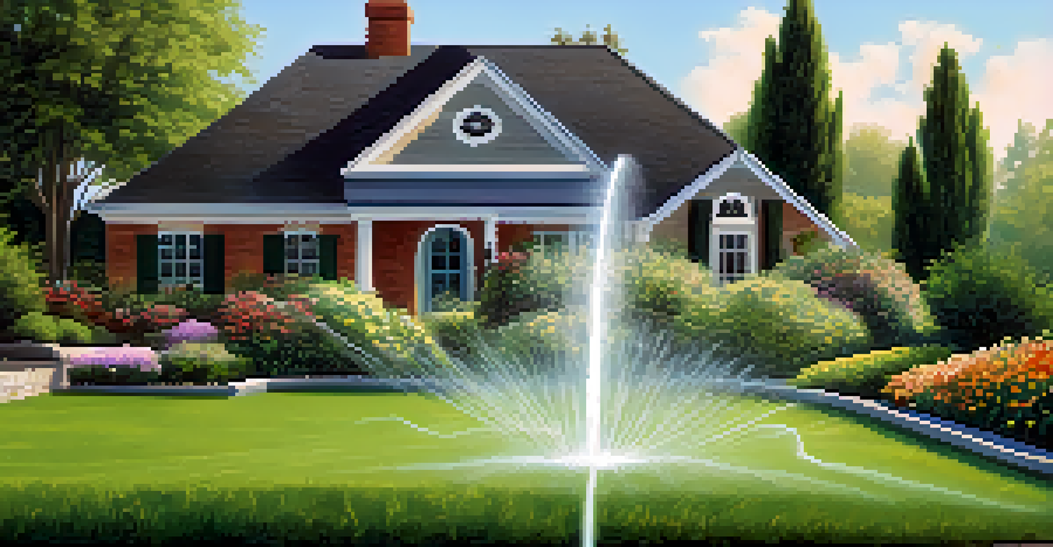 A vibrant garden with a smart irrigation system watering the lawn, showcasing eco-friendly gardening technology under a clear blue sky.