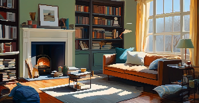 A cozy living room with soft pillows and books, showing a peaceful space amidst a home renovation with tools and paint cans visible.