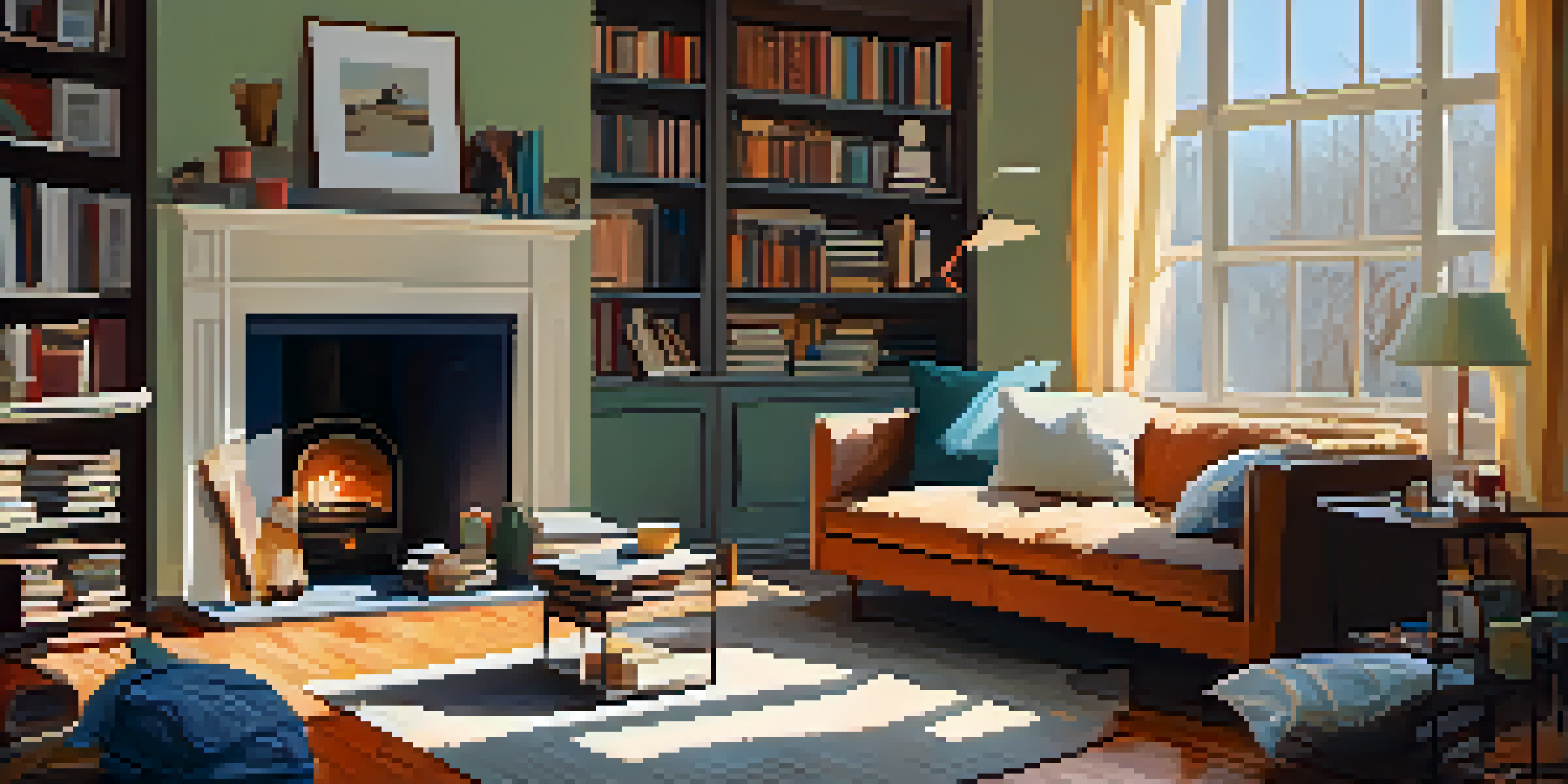 A cozy living room with soft pillows and books, showing a peaceful space amidst a home renovation with tools and paint cans visible.