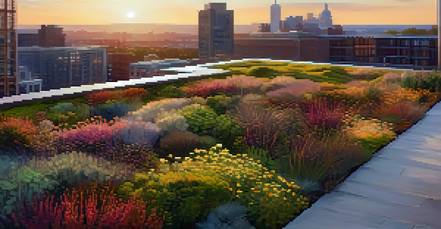 A lush green roof with diverse plants, stone pathways, and urban buildings in the background during sunset.