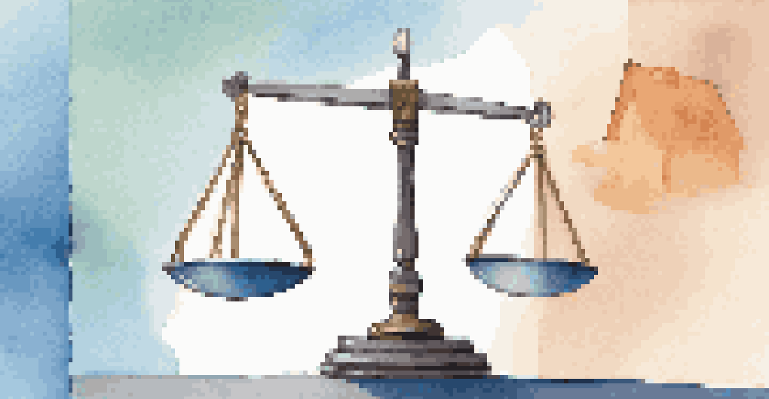 A balanced scale with a contract and house icon against a calming blue gradient background.