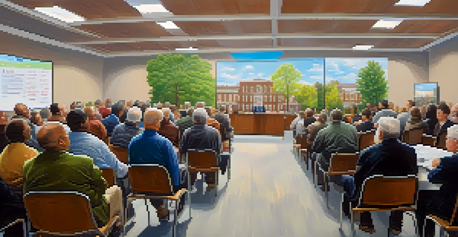 A lively local government meeting with citizens discussing property tax information in a bright community hall.