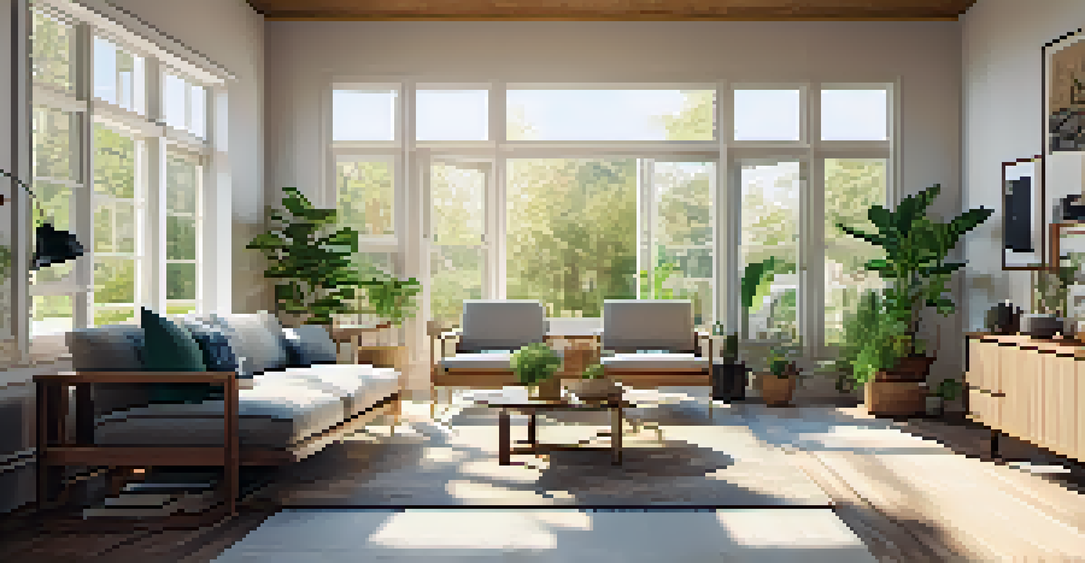 A bright living room with energy-efficient windows, sunlight pouring in, and a cozy arrangement of plants and furniture.