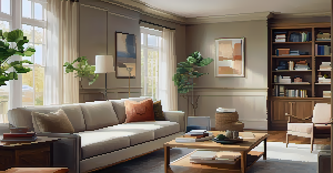 A cozy living room with wide doorways and lever-style door handles, showcasing adaptive furniture and warm neutral colors, illuminated by natural light.
