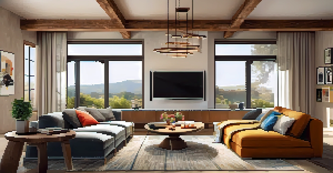 A cozy living room with rustic and modern design elements, including a wooden beam ceiling, a colorful sofa, and warm pendant lighting.