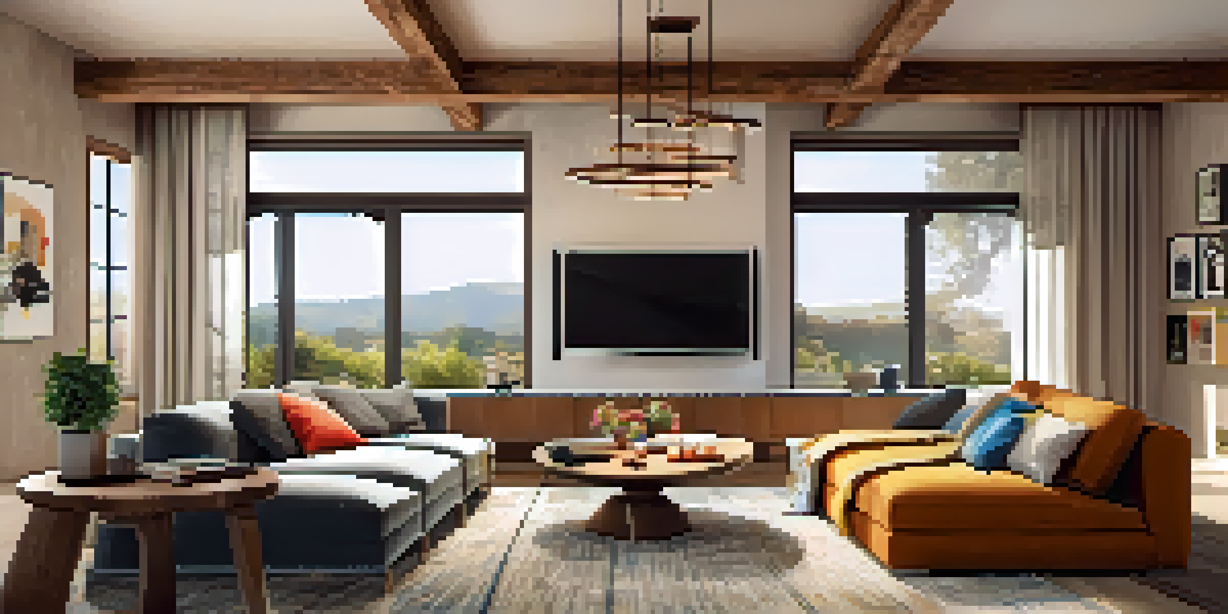 A cozy living room with rustic and modern design elements, including a wooden beam ceiling, a colorful sofa, and warm pendant lighting.