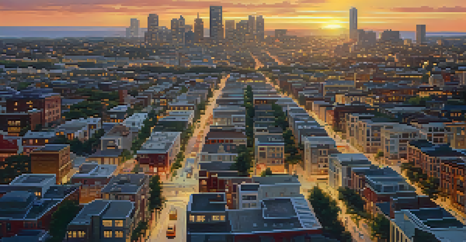 Aerial view of a city skyline at sunset, showcasing a mix of residential and commercial buildings and bustling streets.