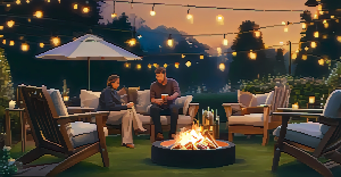 An inviting outdoor space featuring a fire pit, surrounded by cozy seating and illuminated by the warm glow of flames under a starry sky.