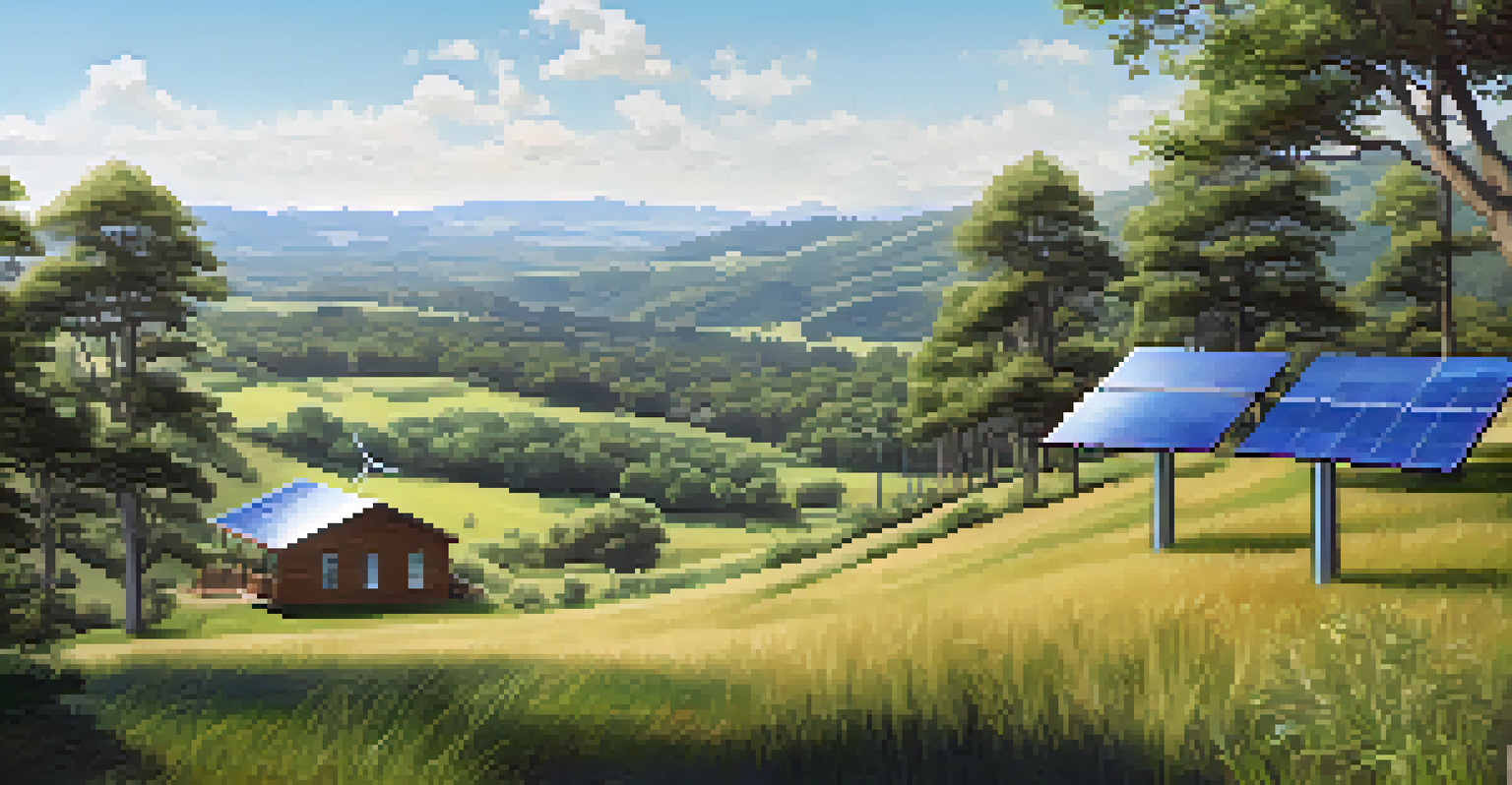 A scenic view of a zero energy home site on a sunny hillside with solar panels and wind turbines.