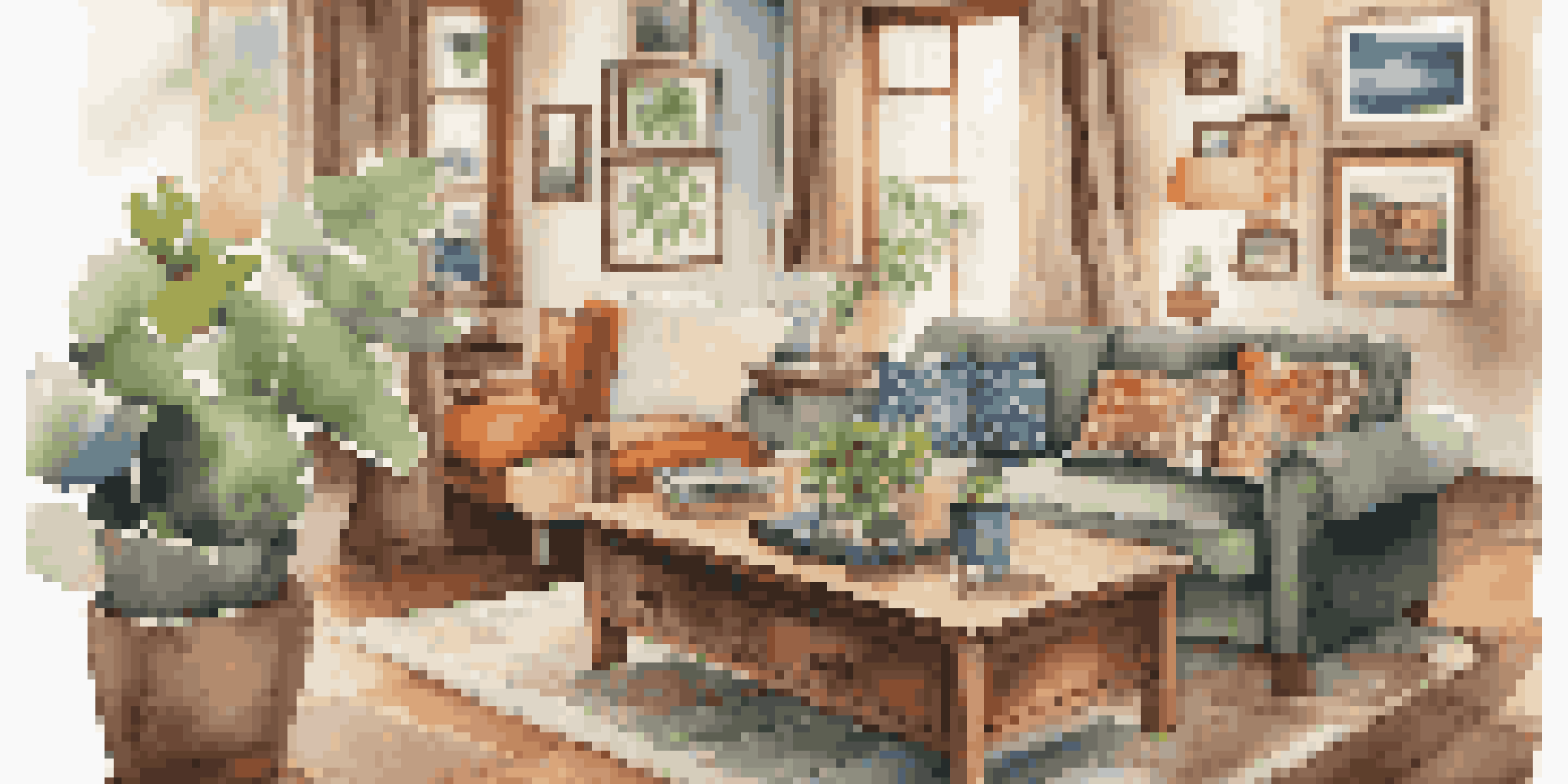 A warm and inviting living room filled with personal touches, including travel photos and plants.