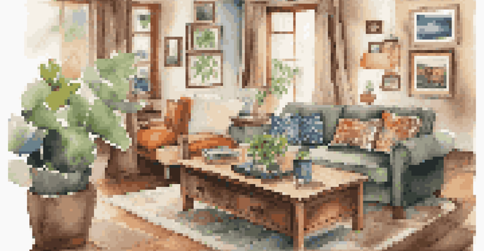 A warm and inviting living room filled with personal touches, including travel photos and plants.