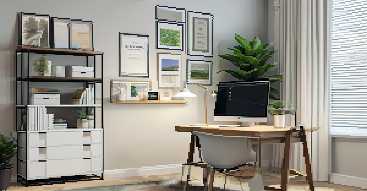 An organized home office with a tidy desk, labeled storage boxes, and a modern filing cabinet, creating a focus-friendly environment.