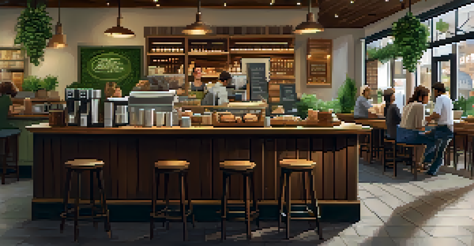 A cozy coffee shop interior with warm lighting, rustic furniture, and customers enjoying their time, along with a display of pastries.