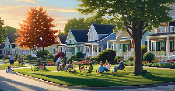 A beautiful suburban neighborhood with well-kept homes and families enjoying the park during sunset.