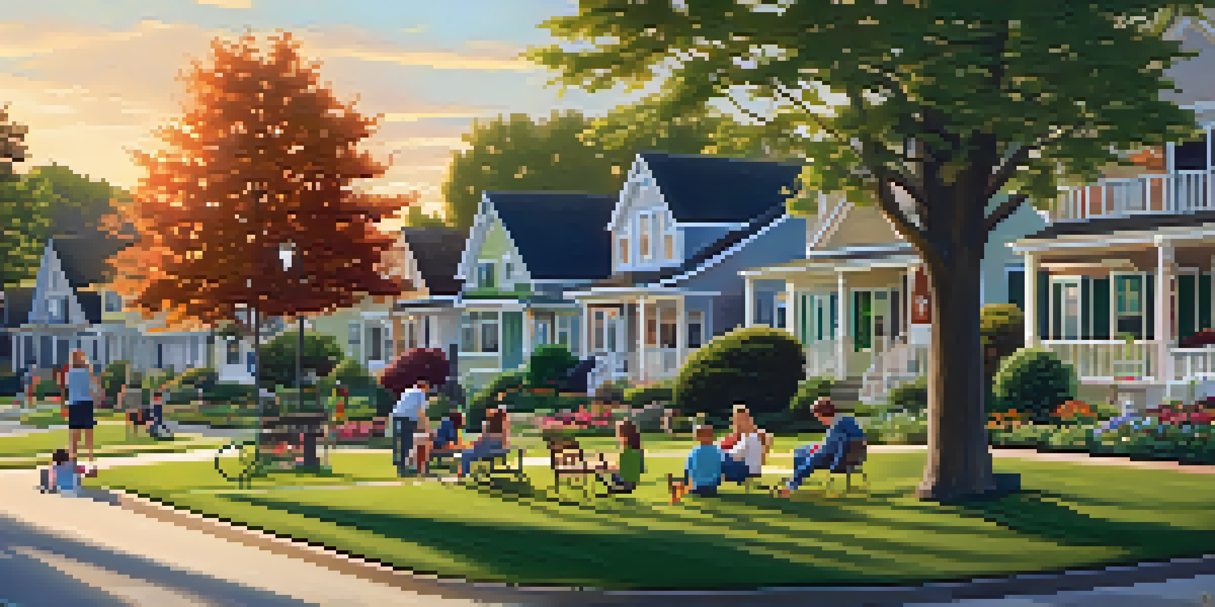 A beautiful suburban neighborhood with well-kept homes and families enjoying the park during sunset.