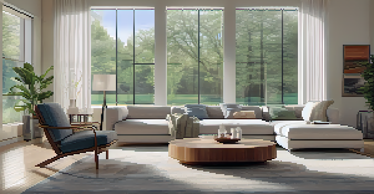 Interior view of a spacious, energy-efficient living room with large windows and modern appliances, decorated in a minimalist style.