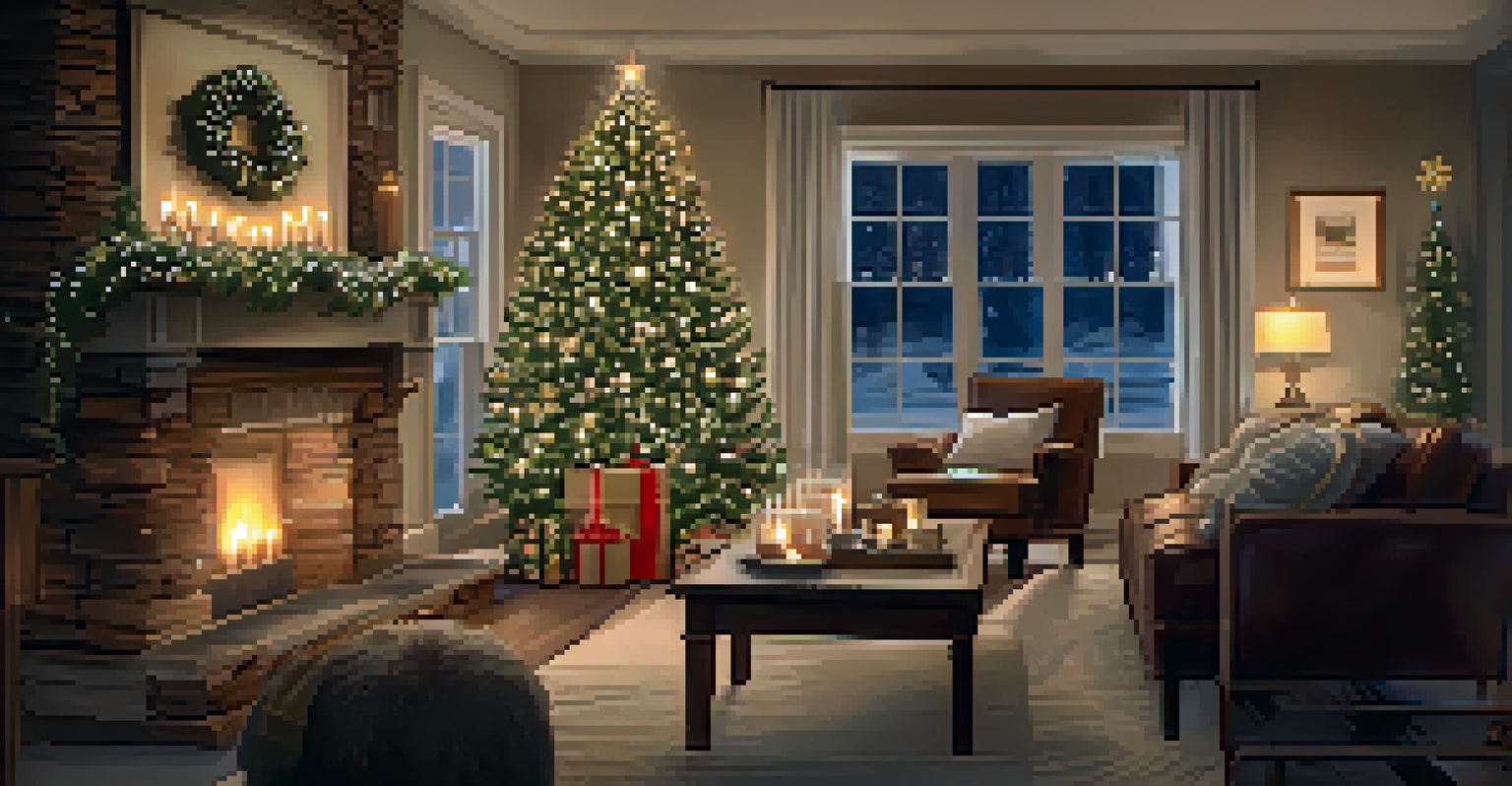 A festive winter living room decorated for Christmas with a glowing tree and warm lights.