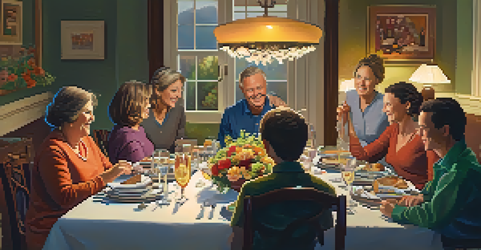 A family dinner scene with members of different ages sharing stories and laughter around a beautifully set table.
