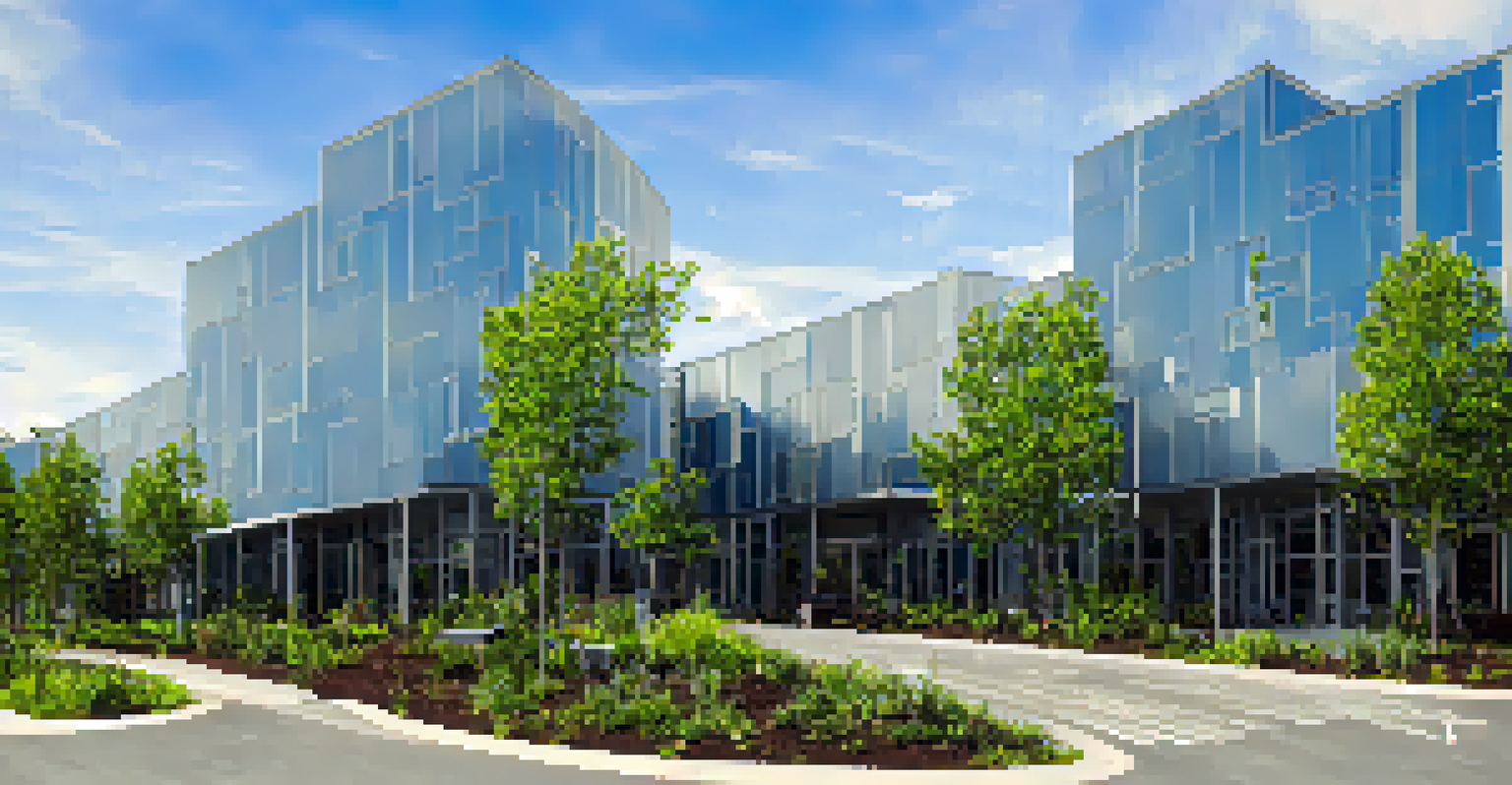 A close-up of a commercial real estate sign in front of an eco-friendly building with solar panels and greenery.