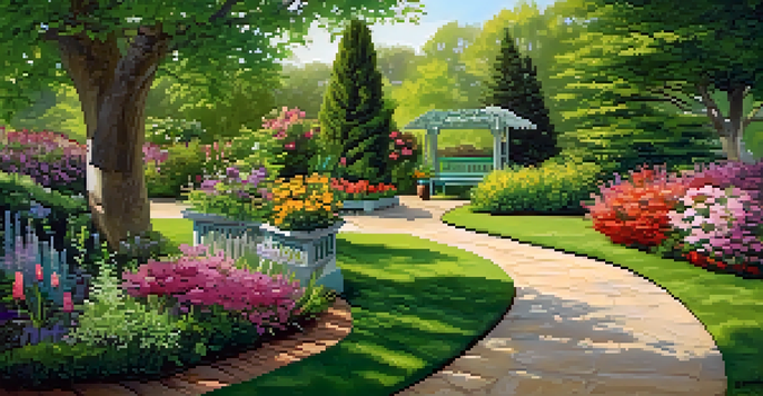 A colorful spring garden with blooming flowers and a winding path, inviting relaxation.
