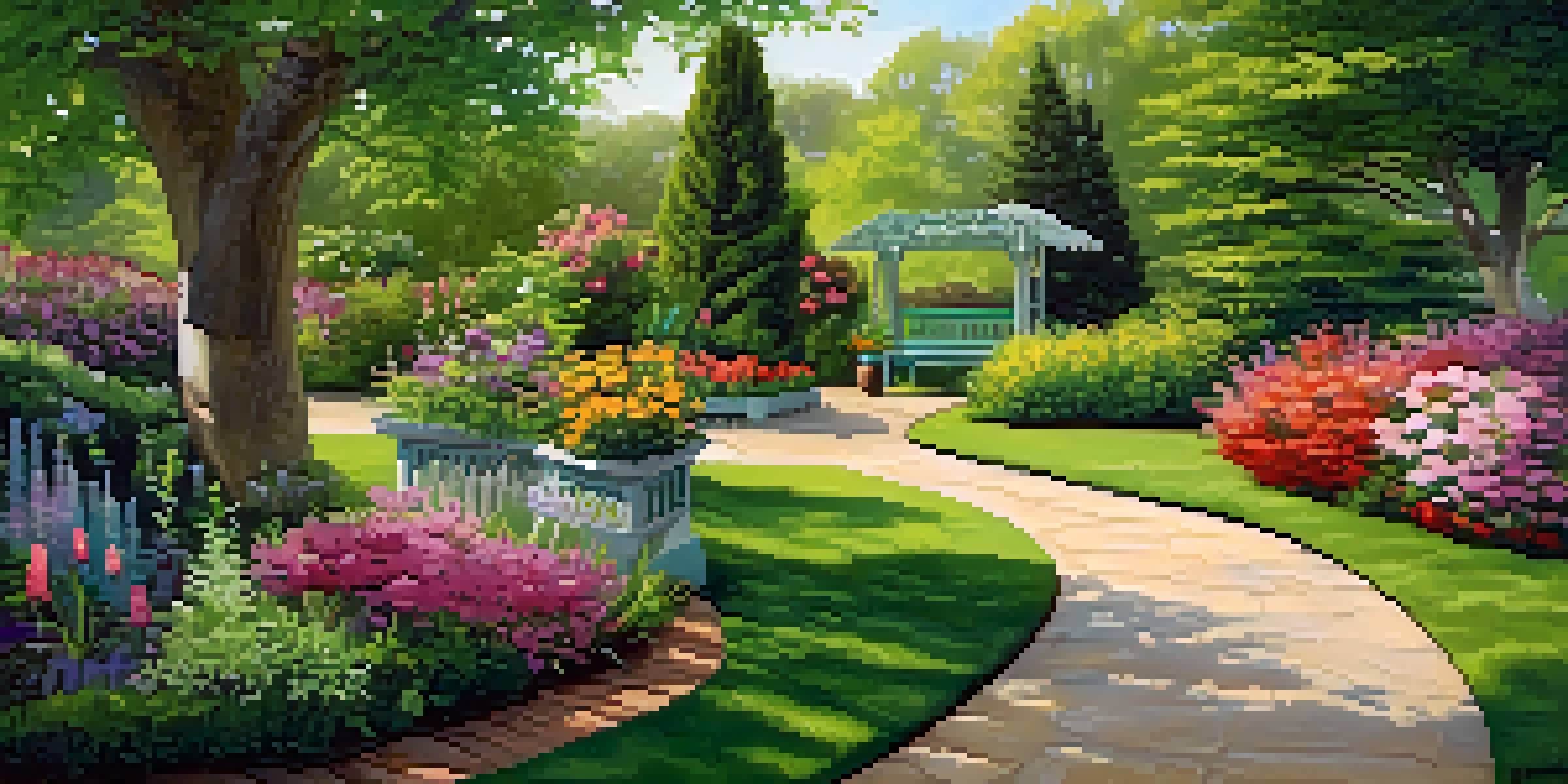 A colorful spring garden with blooming flowers and a winding path, inviting relaxation.