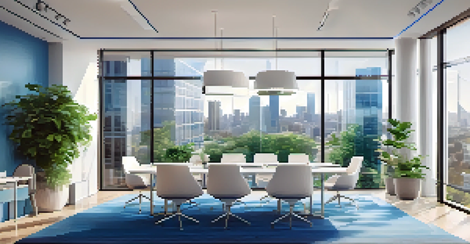 A contemporary real estate office with agents working together, surrounded by large windows and digital screens displaying property information.