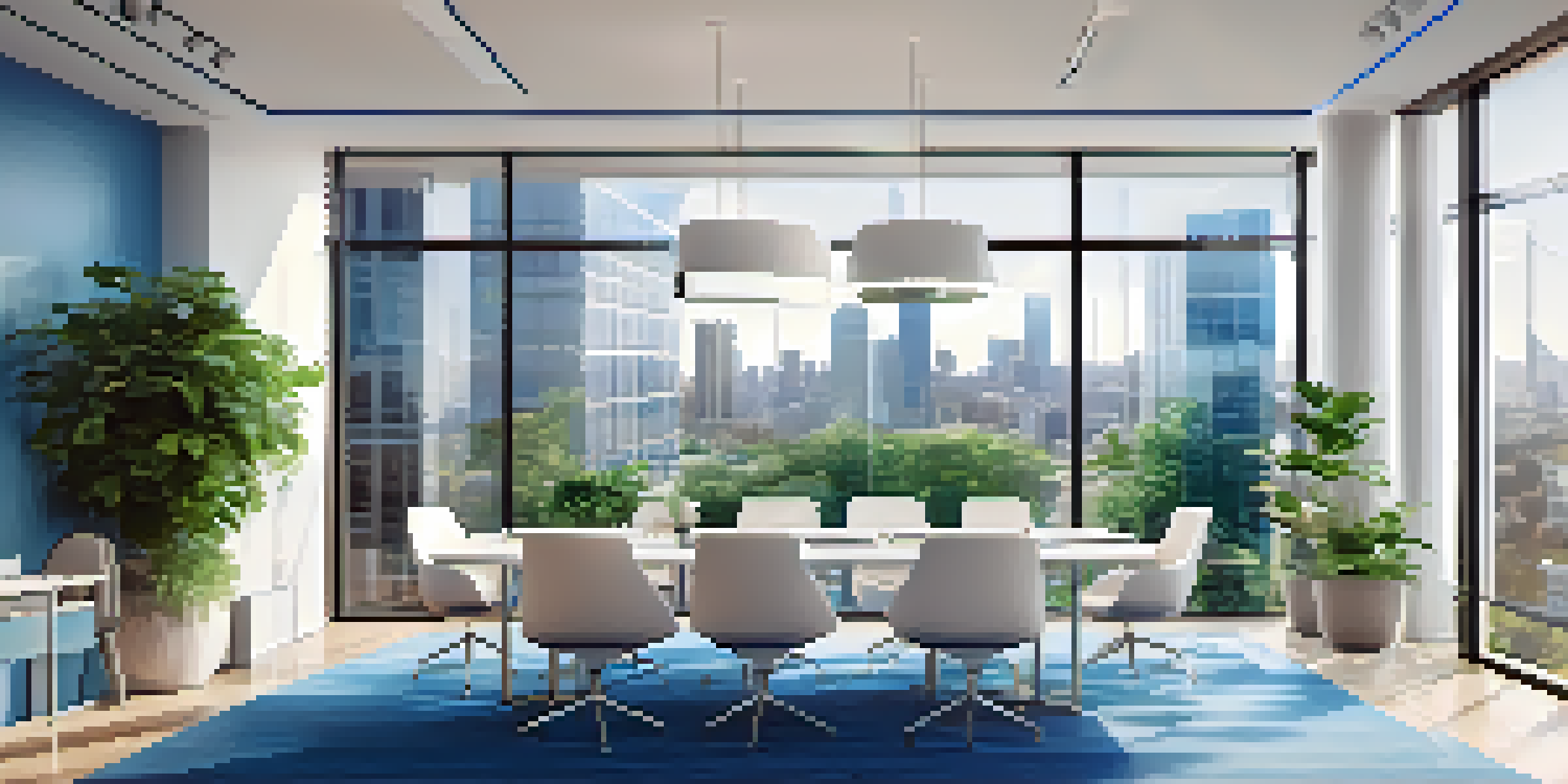 A contemporary real estate office with agents working together, surrounded by large windows and digital screens displaying property information.