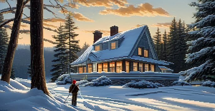 A winter landscape showing a house with snow on the roof and a person using a roof rake to clear snow.