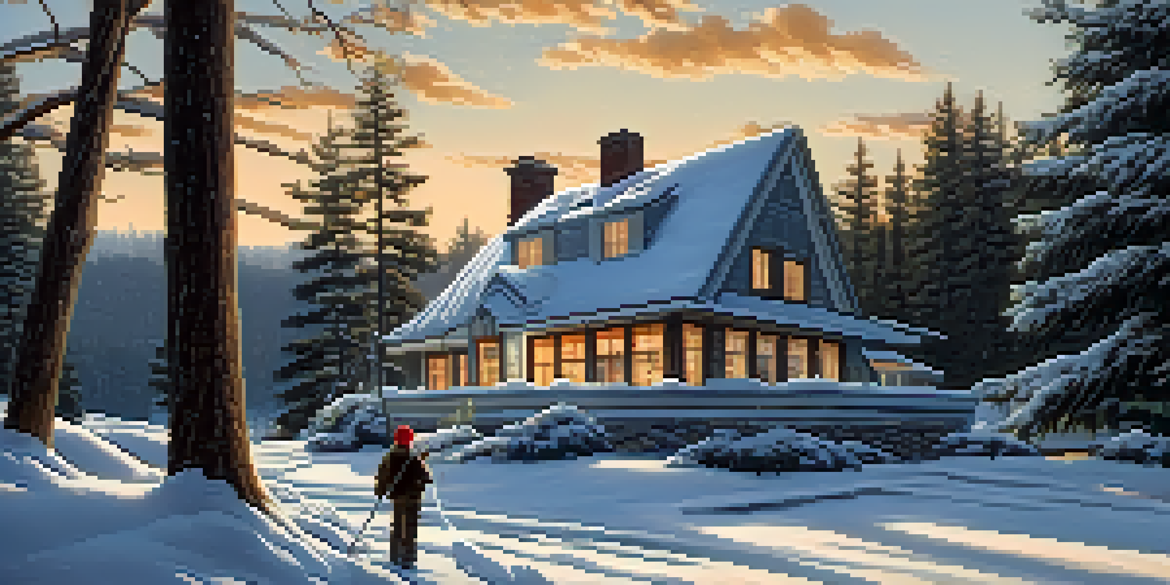 A winter landscape showing a house with snow on the roof and a person using a roof rake to clear snow.