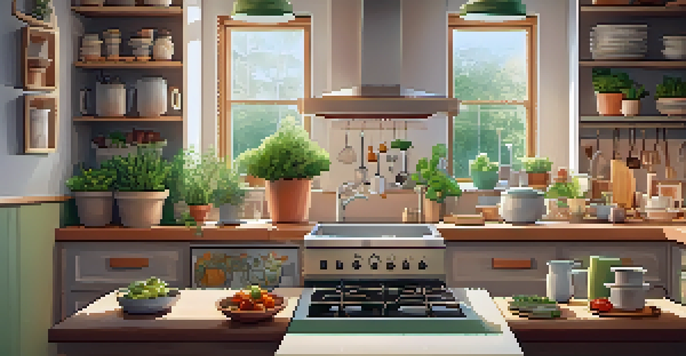 A small kitchen with open shelves displaying colorful dishes and cookbooks, illuminated by warm lighting, and a wooden kitchen island for meal preparation.