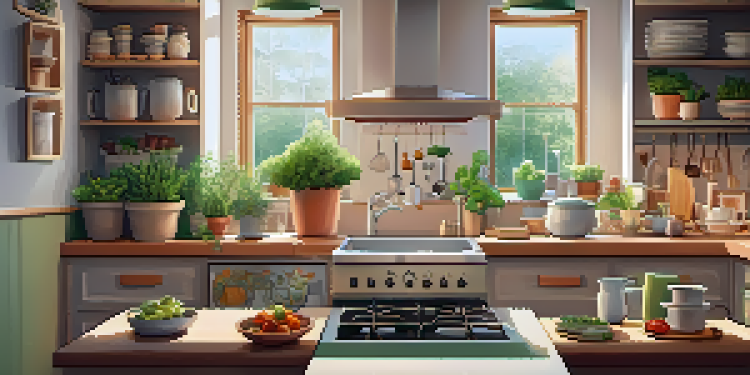 A small kitchen with open shelves displaying colorful dishes and cookbooks, illuminated by warm lighting, and a wooden kitchen island for meal preparation.