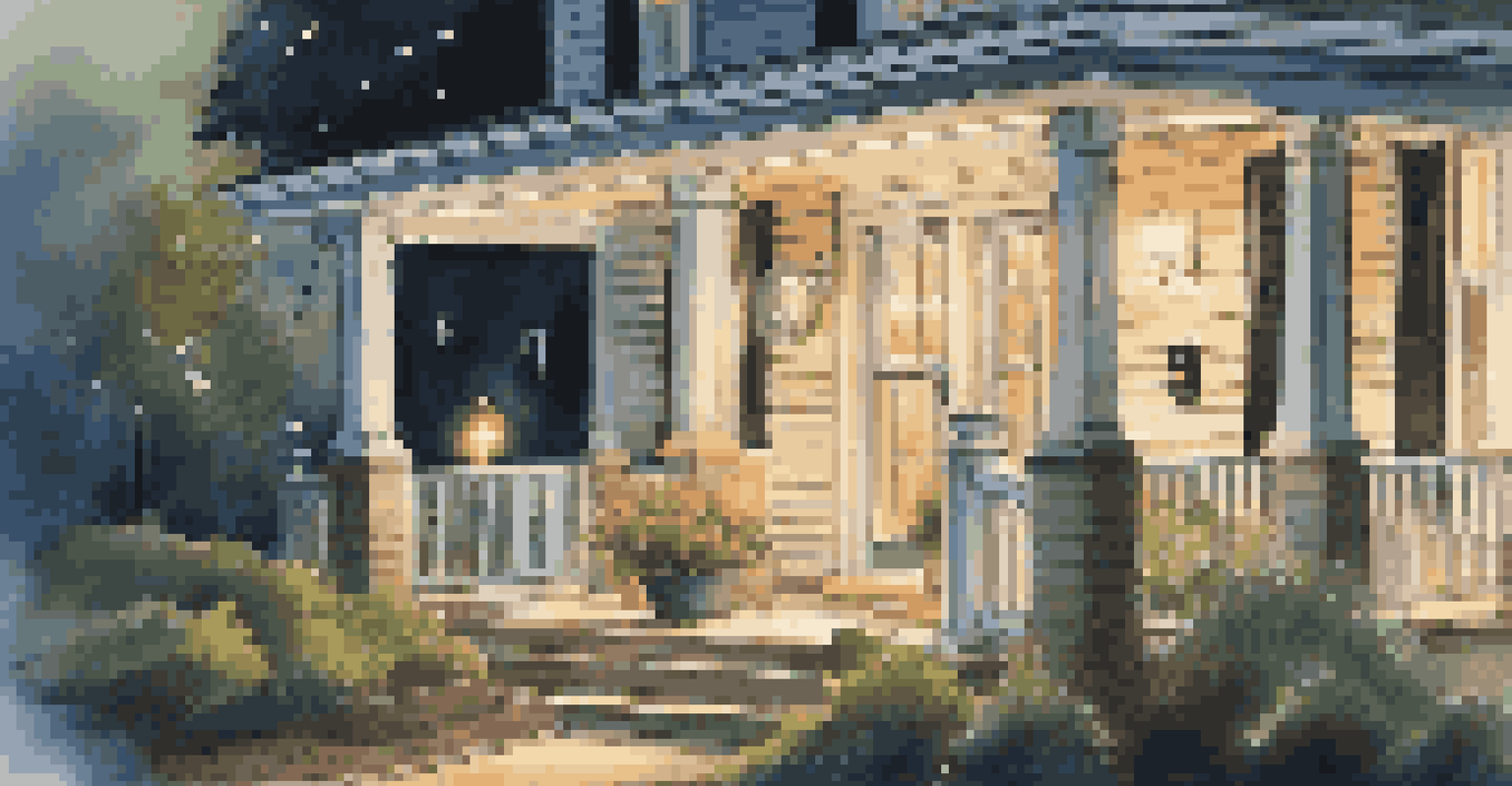 A front porch at twilight with a doorbell camera and a smartphone showing notifications from a security app.