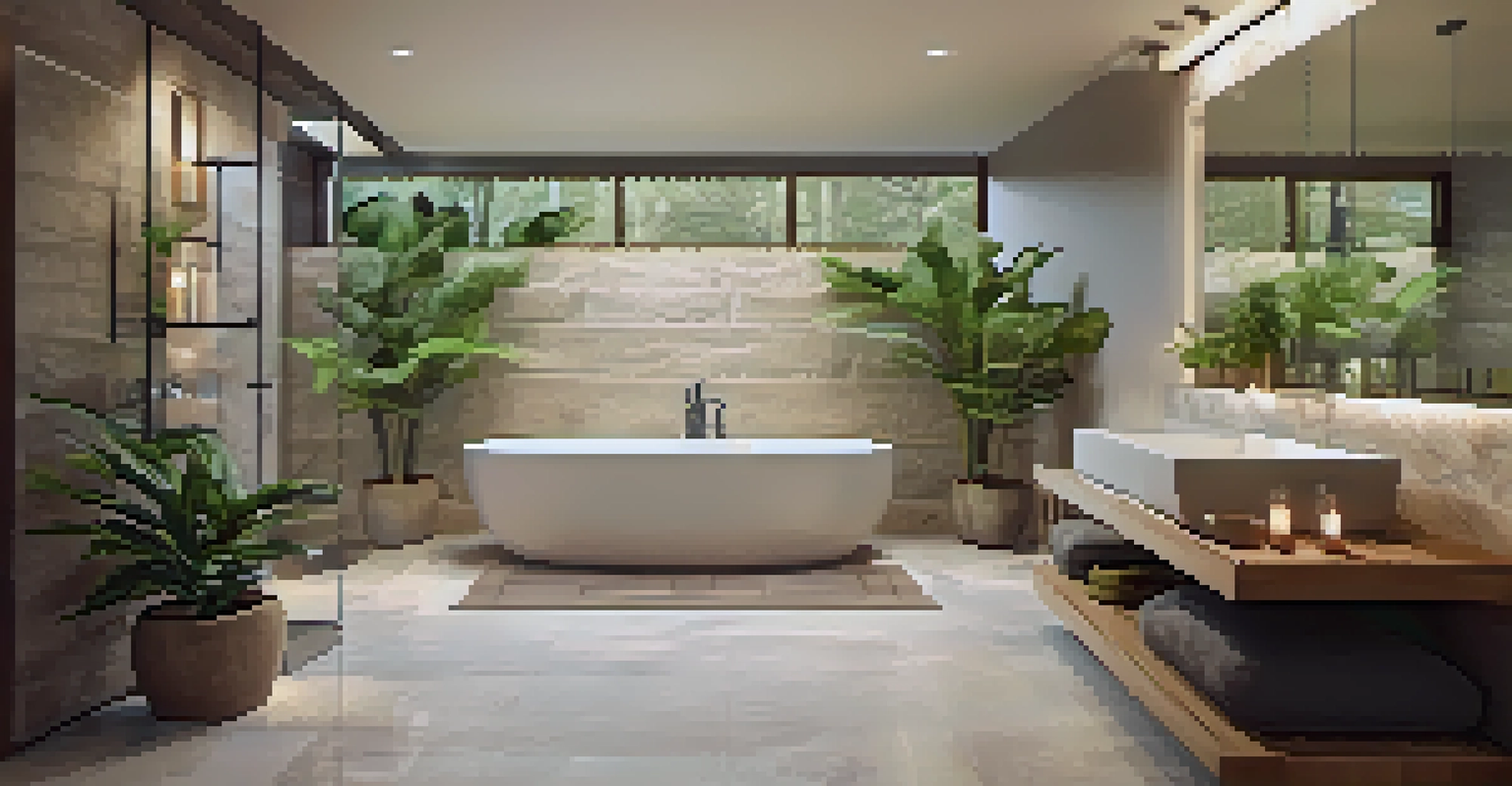 A spa-like bathroom with a soaking tub, rainfall shower, and natural stone finishes, decorated in earthy tones.