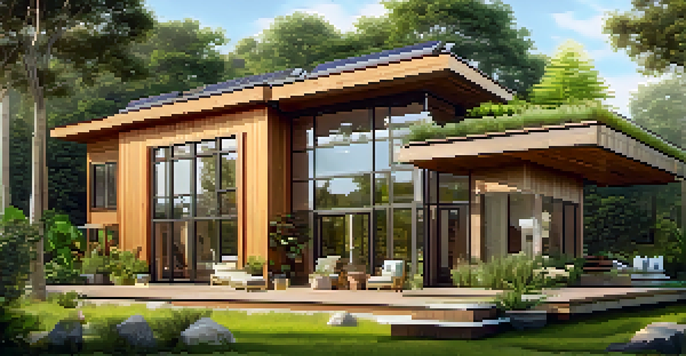 A modern energy-efficient home with solar panels, large windows, and surrounded by greenery, under warm sunlight.