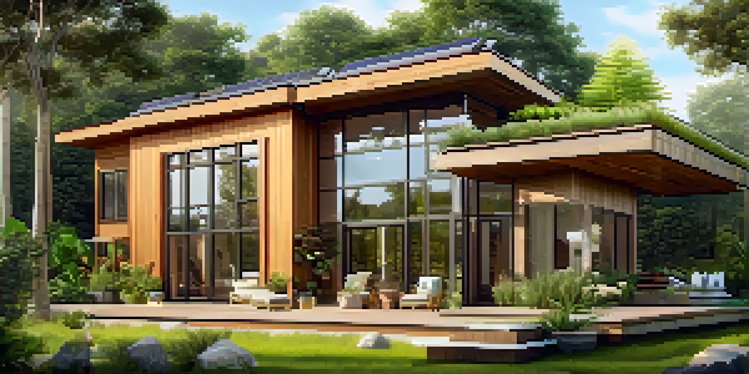 A modern energy-efficient home with solar panels, large windows, and surrounded by greenery, under warm sunlight.