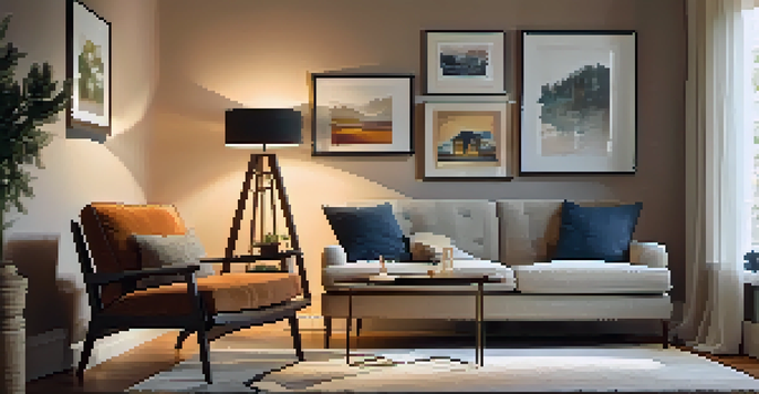 A warm and inviting living room showcasing layered lighting with ambient, task, and accent lights highlighting a cozy reading nook and artwork.