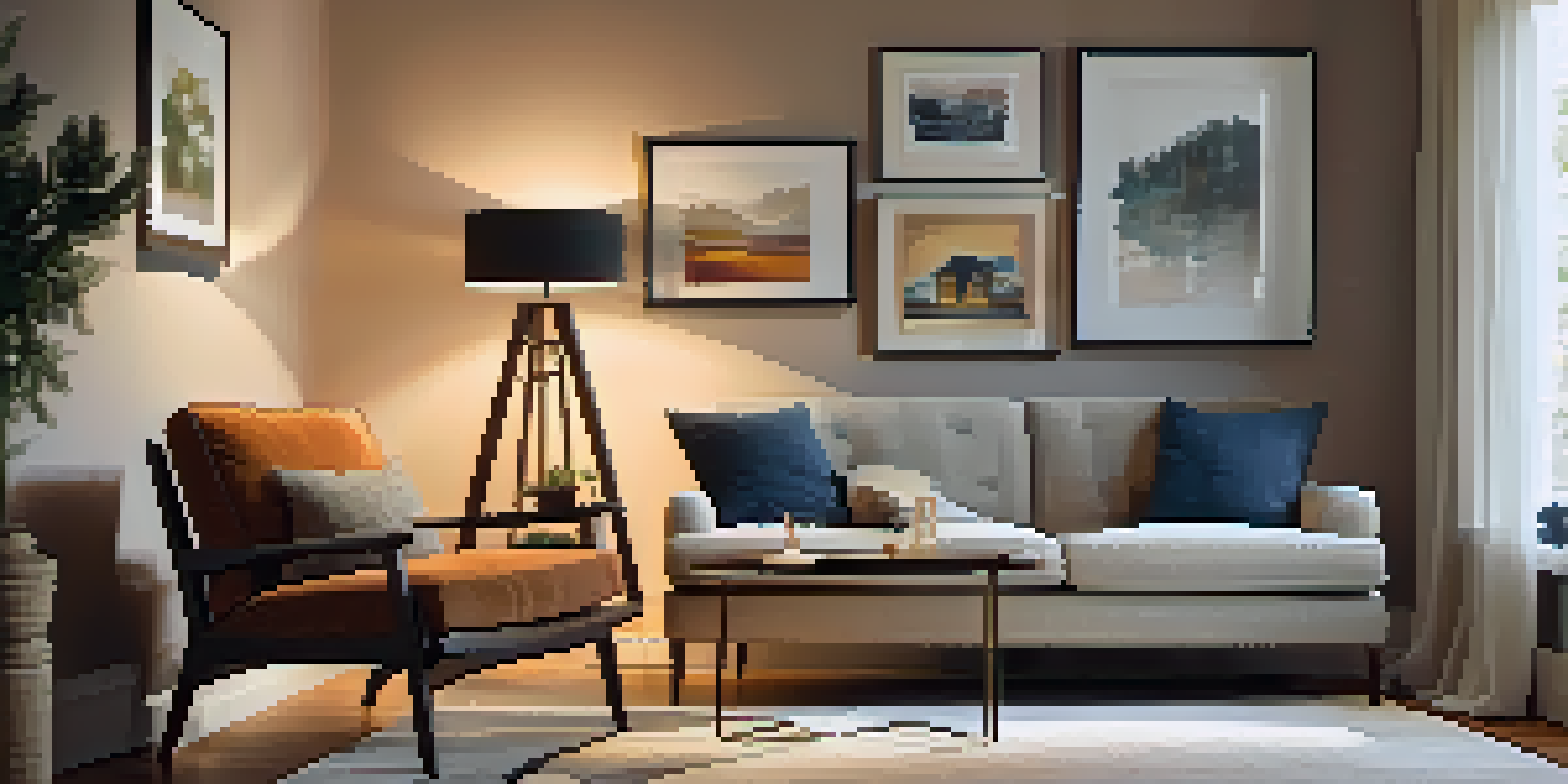 A warm and inviting living room showcasing layered lighting with ambient, task, and accent lights highlighting a cozy reading nook and artwork.