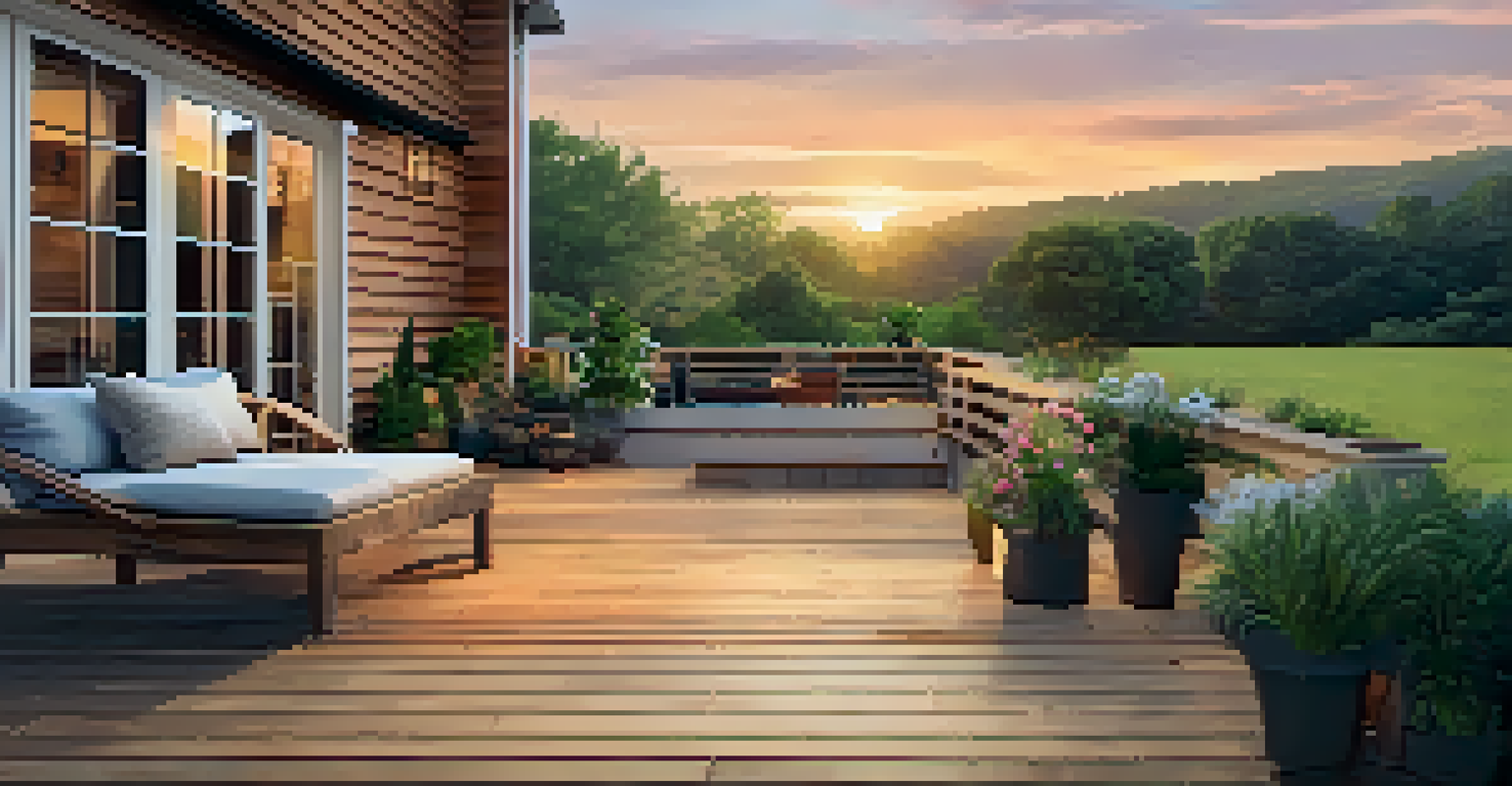 A deck with reclaimed wood flooring, surrounded by plants, under a sunset sky.