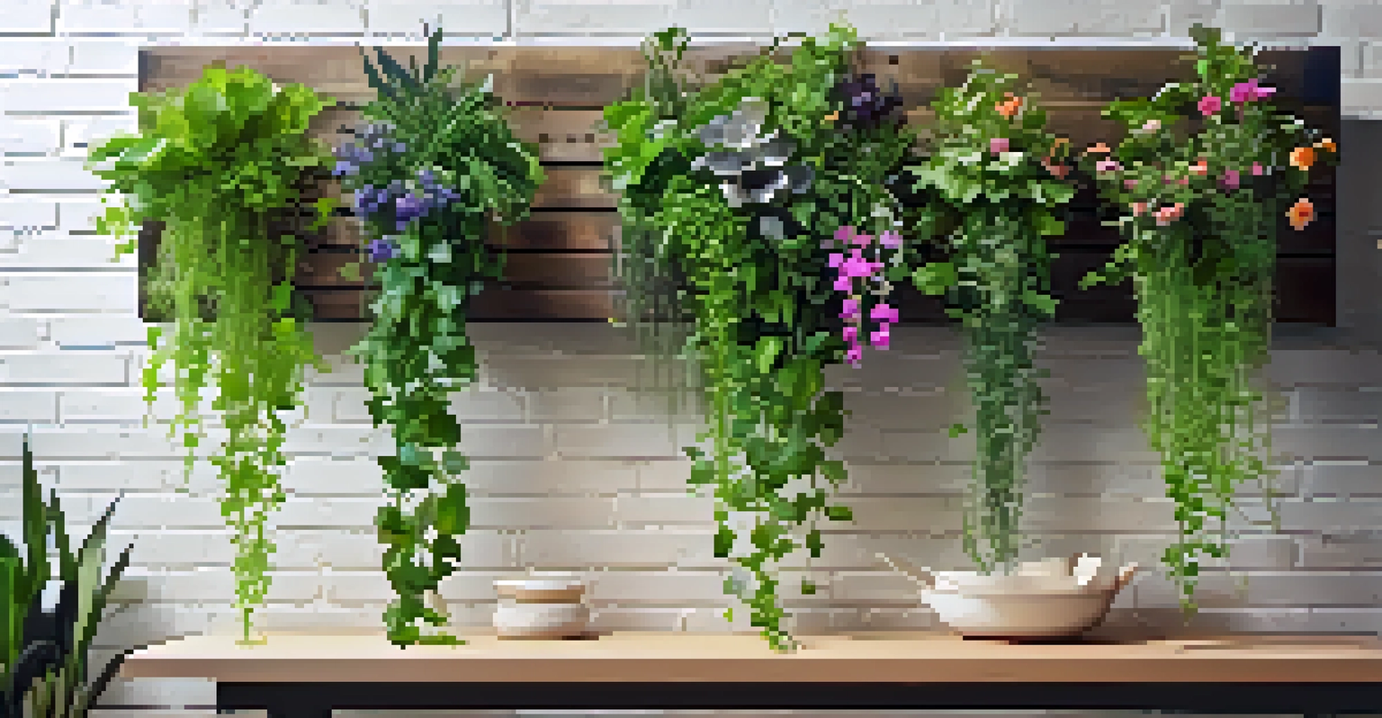 A vertical garden on a brick wall with green vines and colorful flowers, illuminated by soft light, with pots of herbs at the bottom.