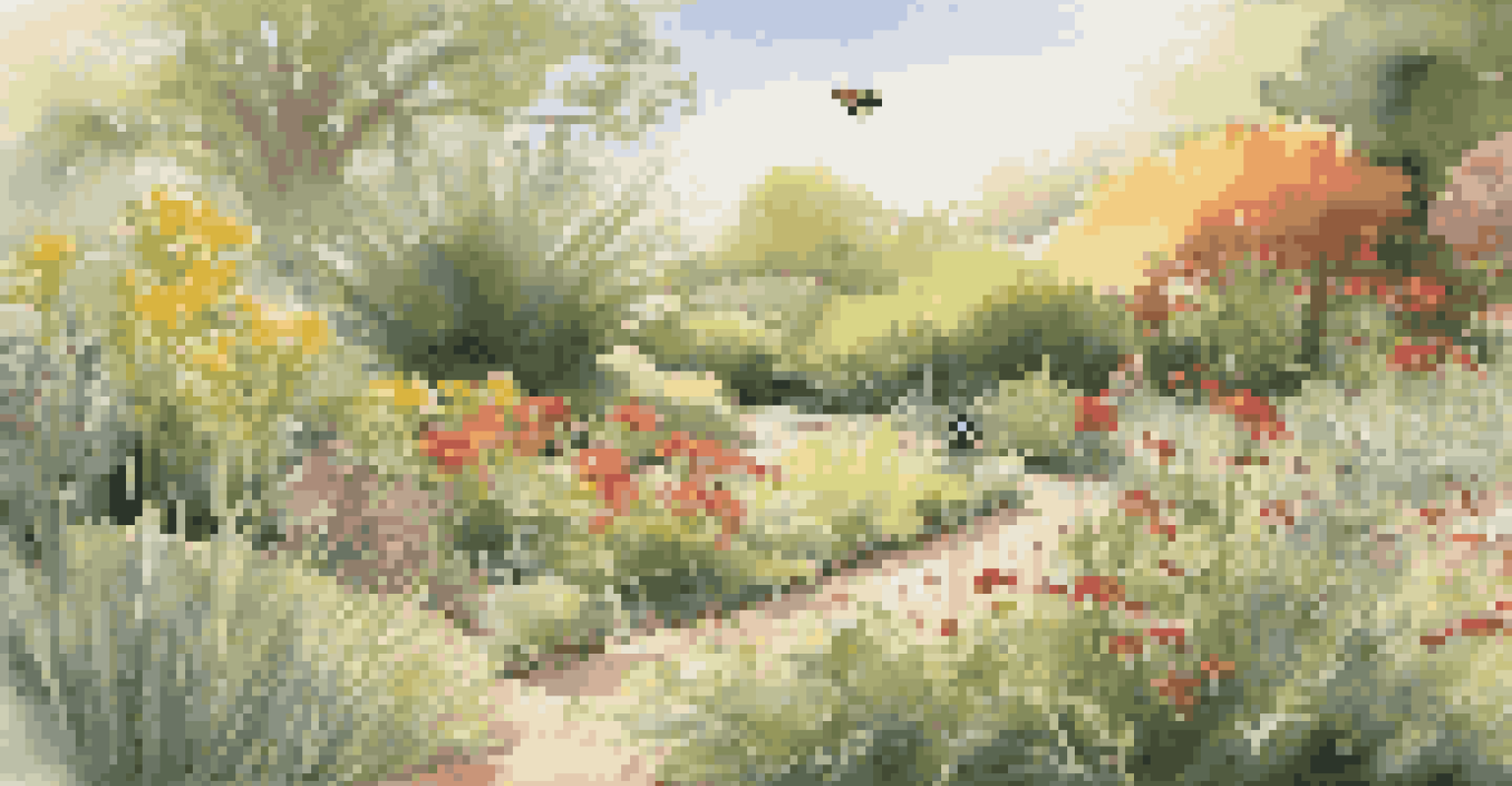 A serene garden scene with a variety of flowering plants, a ladybug on a leaf, bees gathering nectar, and a mulch-covered soil with a sign for native plants.