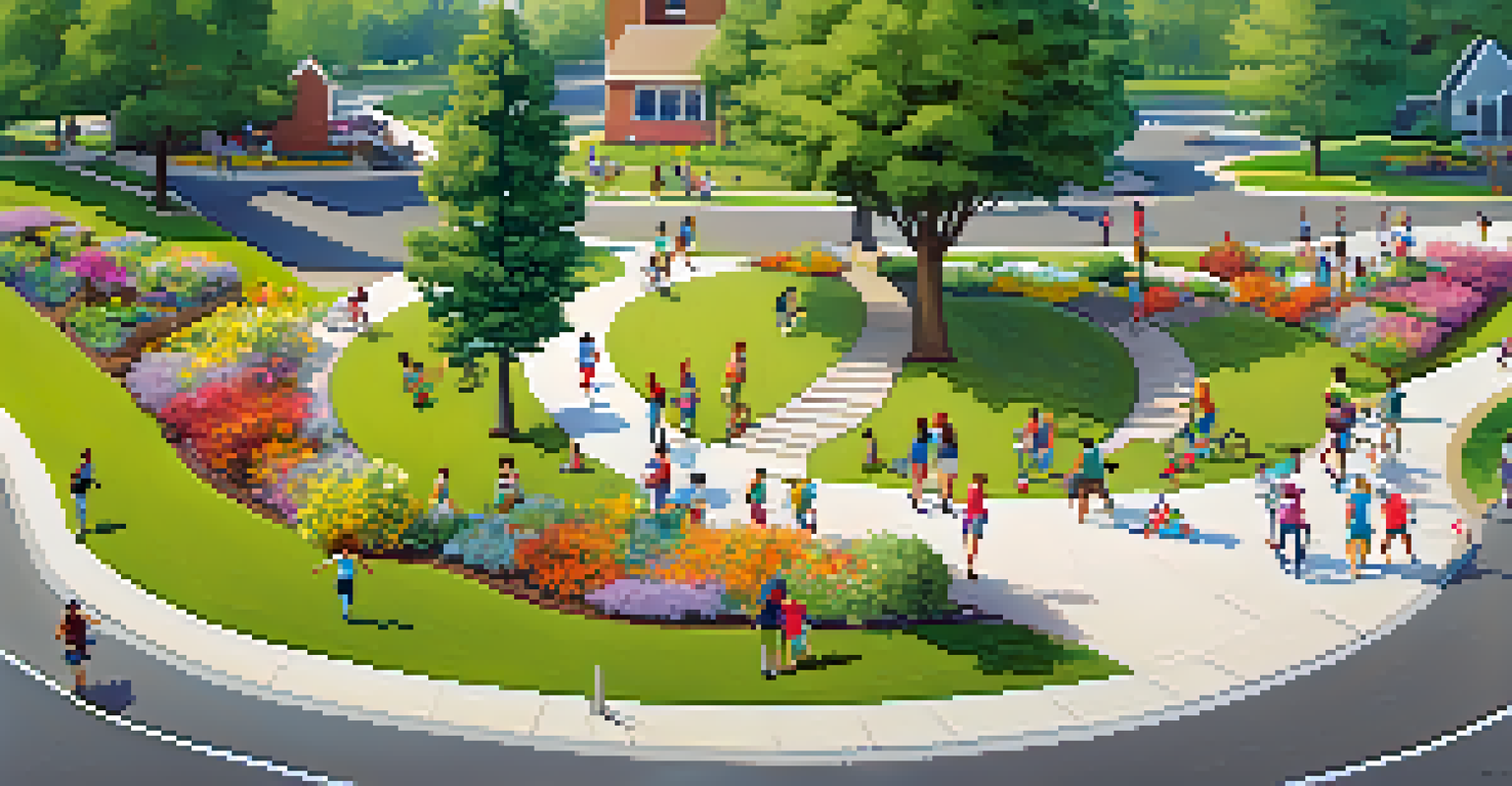 An aerial view of a lively community park with families, children playing, and joggers, surrounded by trees and flower beds.